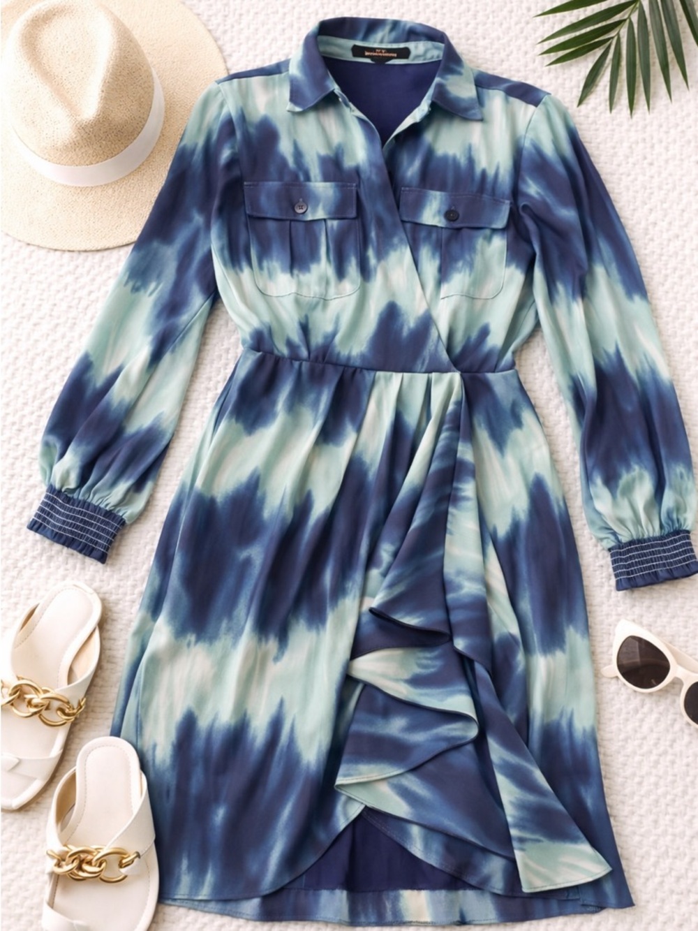 Tie-Dye Navy & Seafoam Long Sleeve Shirtdress